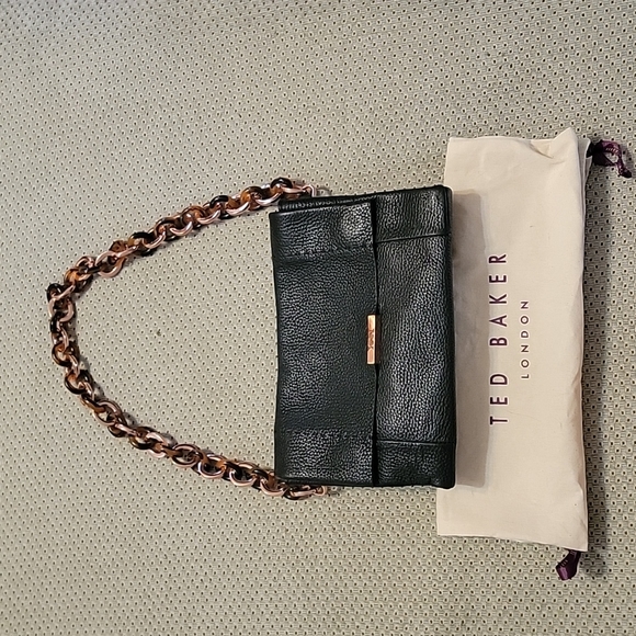 NWT BlackSoft Grain Leather Small Handbag w/ Rosegold&Tortoise Shell Link Strap - Picture 1 of 16